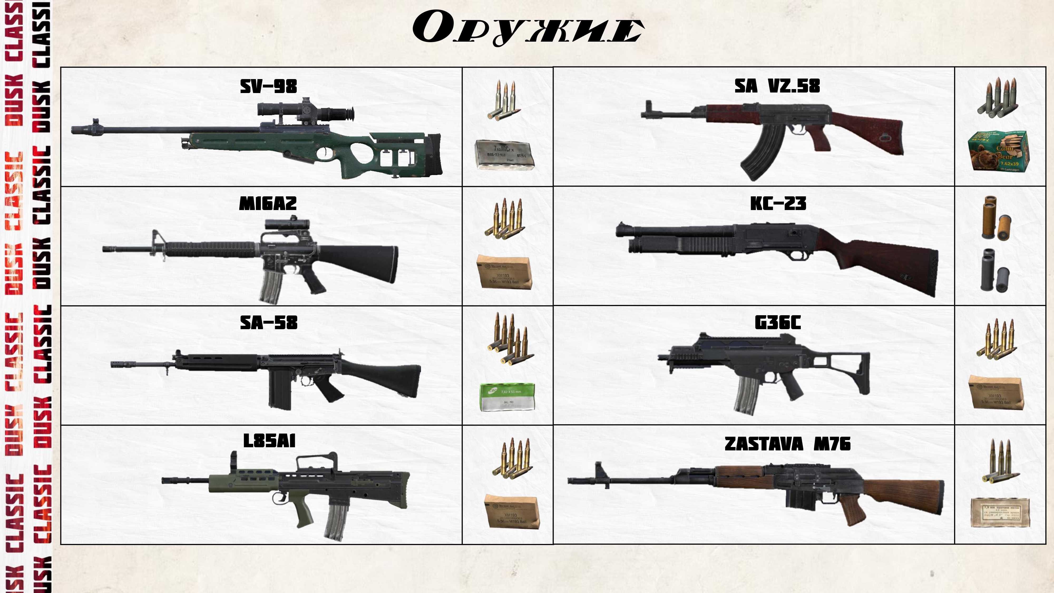 Схема оружия: Маузер 98K, RPK74, Zastava M57A, RPK, Ли-Энфилд No.4, PSG-1, FN FAL и ПБ